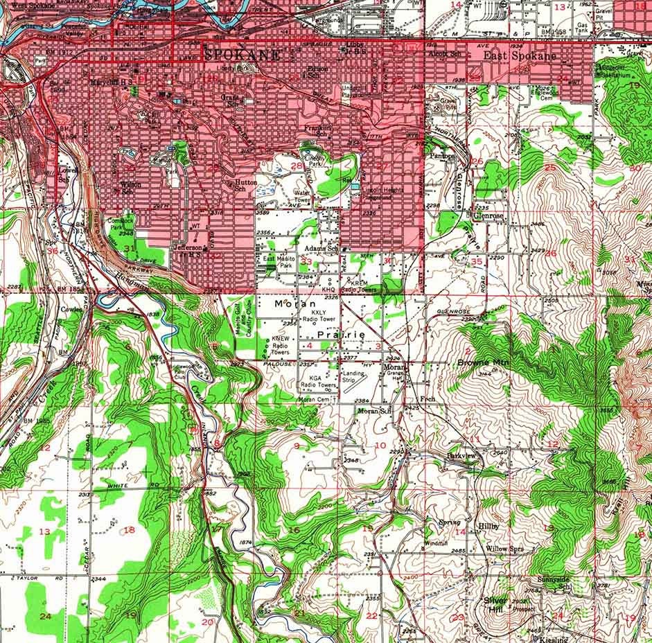1950 Topo Map of Spokane Washington Fivemile Prairie