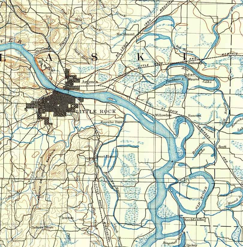 1891 Topo Map of Little Rock Arkansas Taulkner Saline