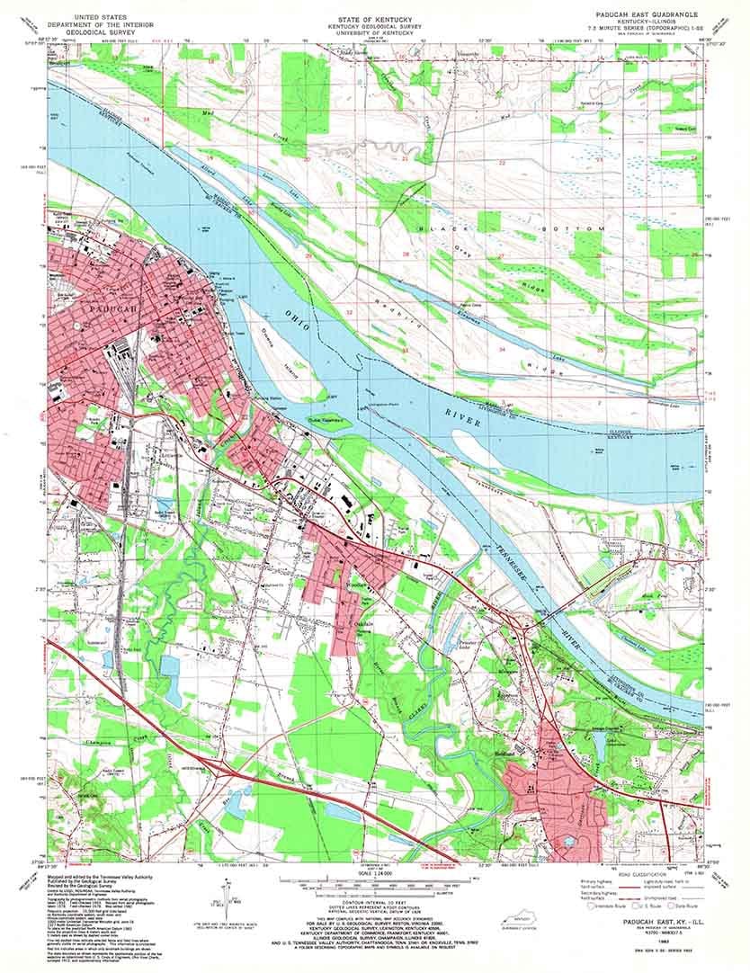 1982 Topo Map of Paducah Kentucky Ohio River Tennessee River
