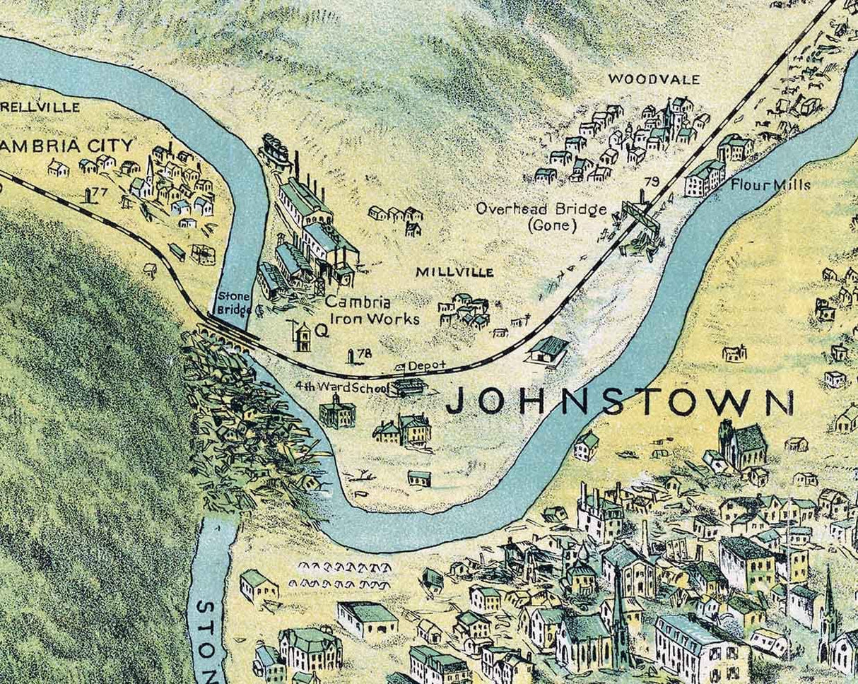 1889 Map of Johnstown Pennsylvania Conemaugh Valley Nineveh to the Lake