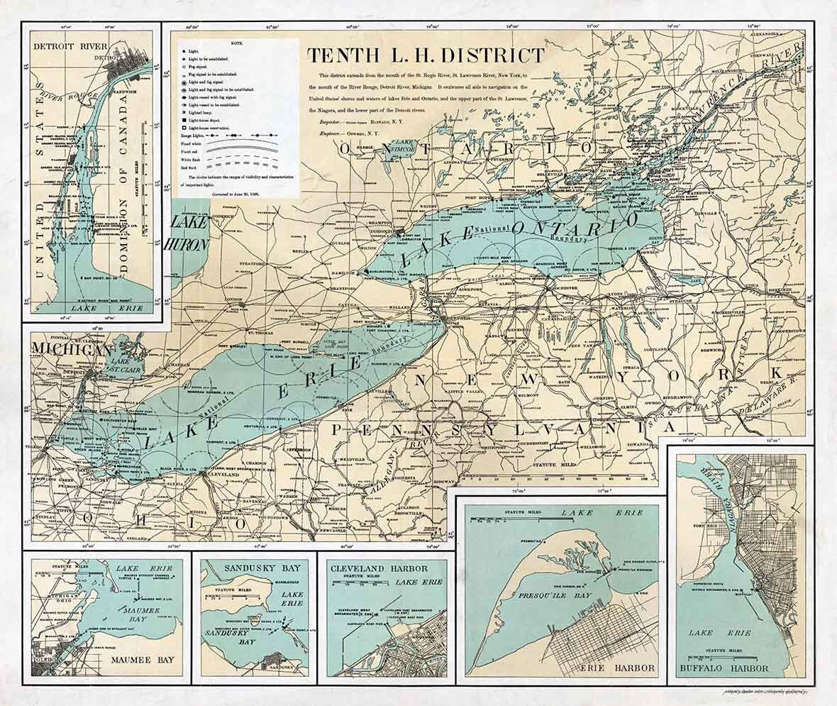 1898 Map of The Great Lakes Erie & Ontario Michigan Detroit River