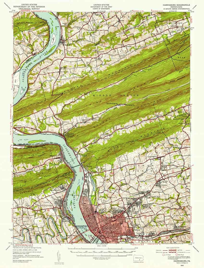 1943 Topo Map of Harrisburg Pennsylvania Susquehanna River