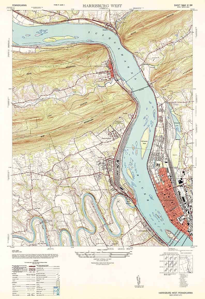 1947 Topo Map of Harrisburg Pennsylvania Summerdale