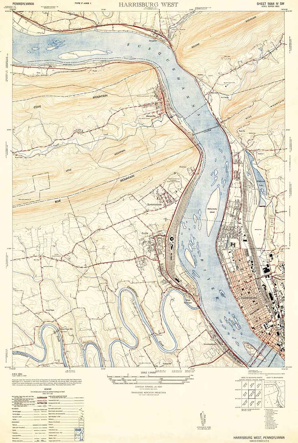 1947 Topo Map of Harrisburg West Pennsylvania Marysville Summerdale Enola