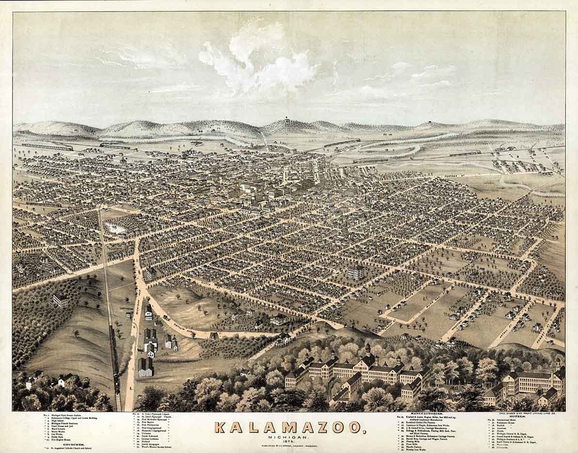 1874 Panoramic Map of Kalamazoo Michigan
