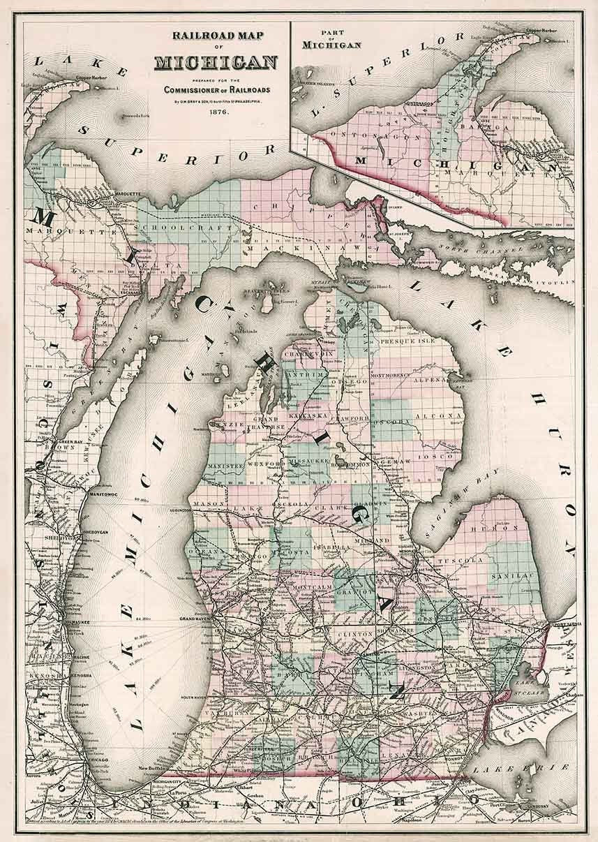 1876 Map of Michigan Railroad Lake Superior Lake Huron