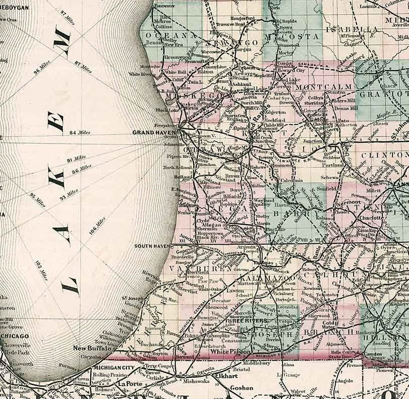 1876 Map of Michigan Railroad Lake Superior Lake Huron