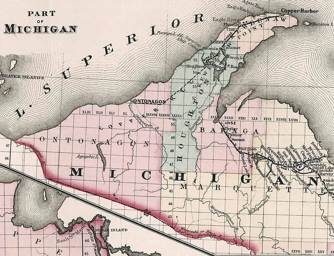 1876 Map of Michigan Railroad Lake Superior Lake Huron