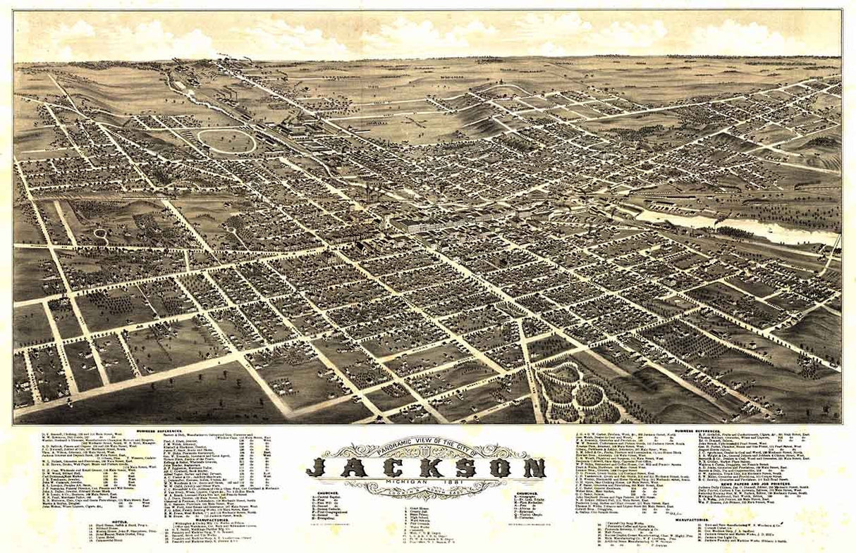 1881 Panoramic Map of Jackson Michigan