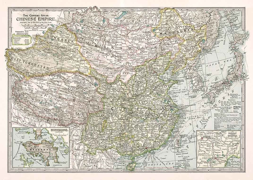 1897 Map of the Chinese Empire Hong Kong Peking Tientsin