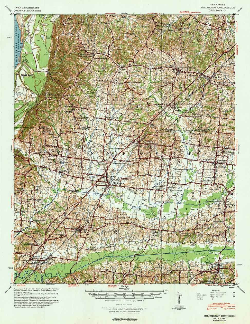1942 Topo Map of Millington Tennessee Cedar Point Atoka