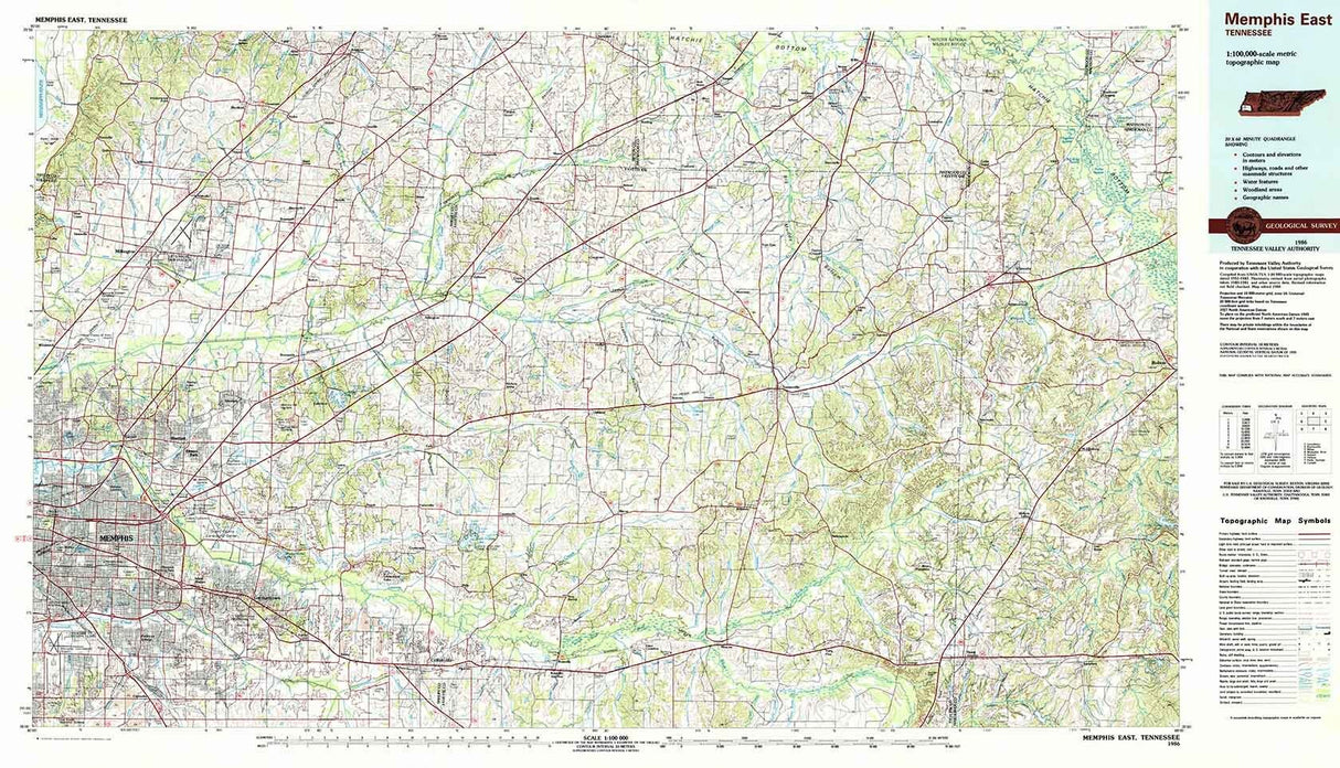 1986 Topo Map of Memphis East Tennessee Somerville