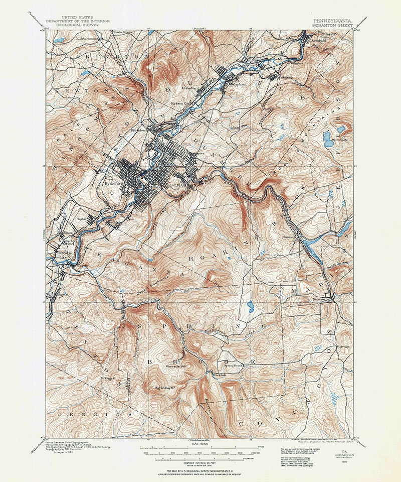 1889 Topo Map of Scranton Pennsylvania Quadrangle