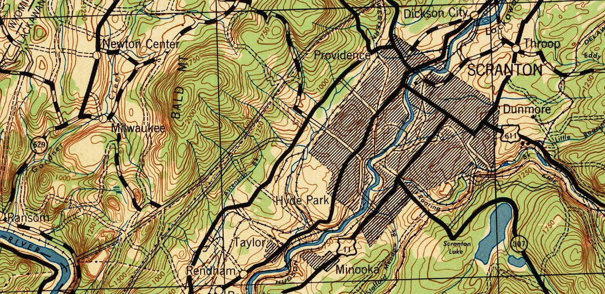 1943 Topo Map of Scranton Pennsylvania Quadrangle