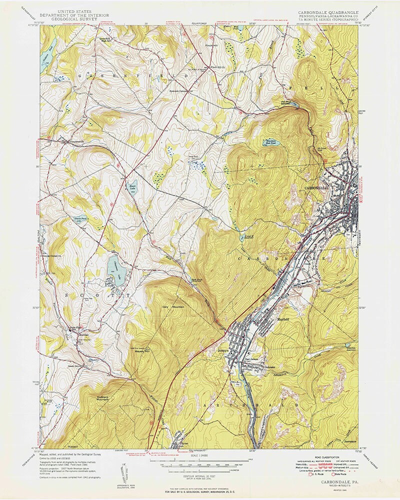 1949 Topo Map of Carbondale Pennsylvania Quadrangle