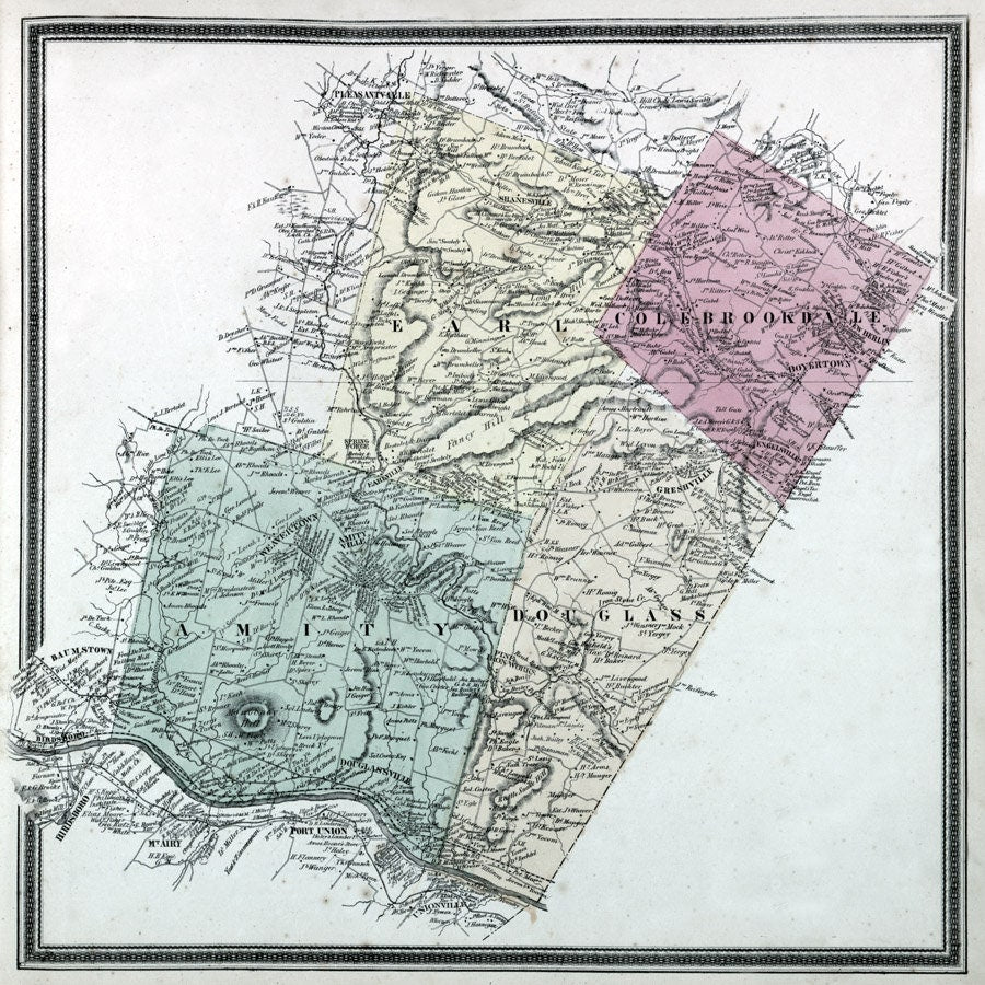 1862 Map of Amity Colebrookdale Douglass & Earl Townships Berks County Pa