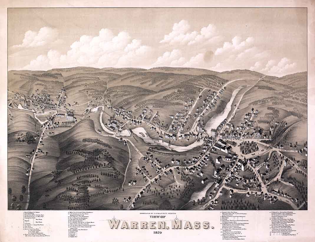 1879 Panoramic Map of Warren Massachusetts