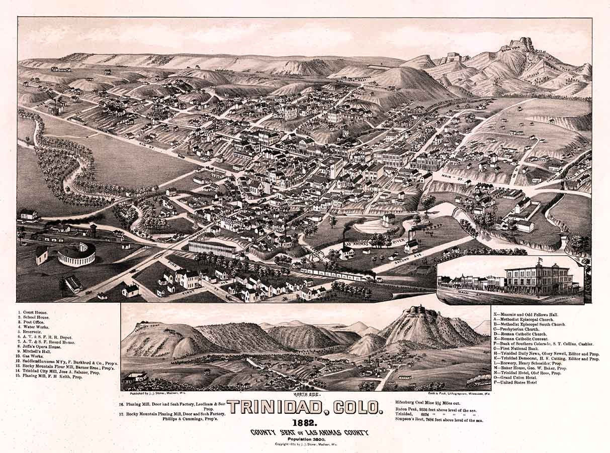 1882 Panoramic Map of Trinidad Colorado Las Animas County