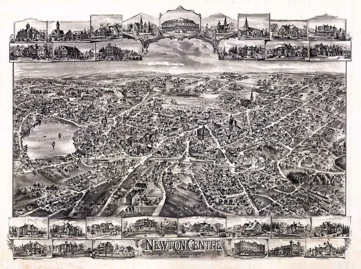 1897 Panoramic Map of Newton Centre Massachusetts