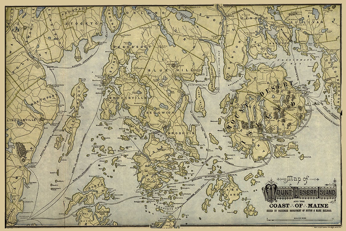 1890 Map of Mount Desert Island and the coast of Maine
