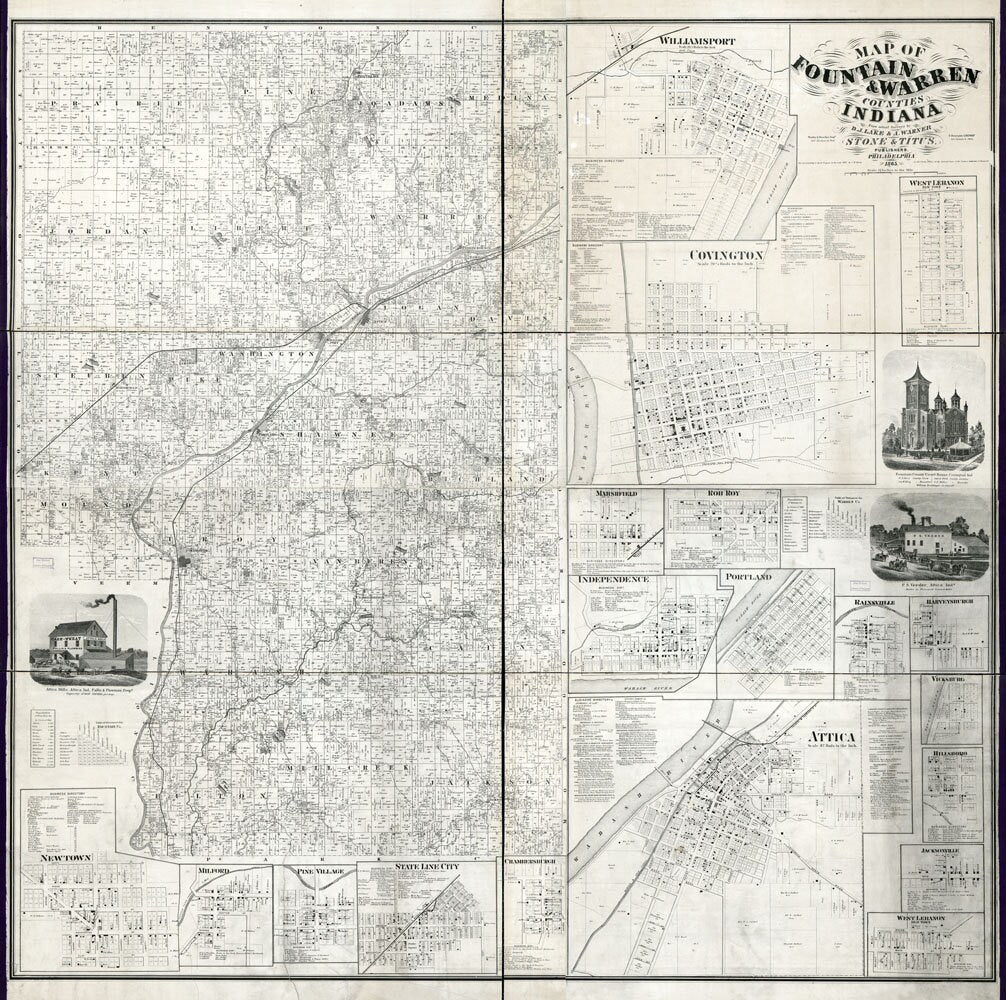 1865 Farm Line Map of Fountain & Warren County Indiana Covington Attica