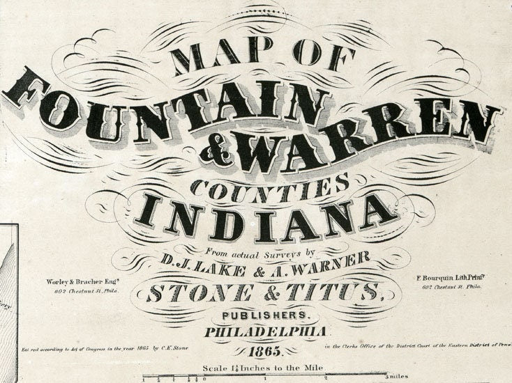 1865 Farm Line Map of Fountain & Warren County Indiana Covington Attica