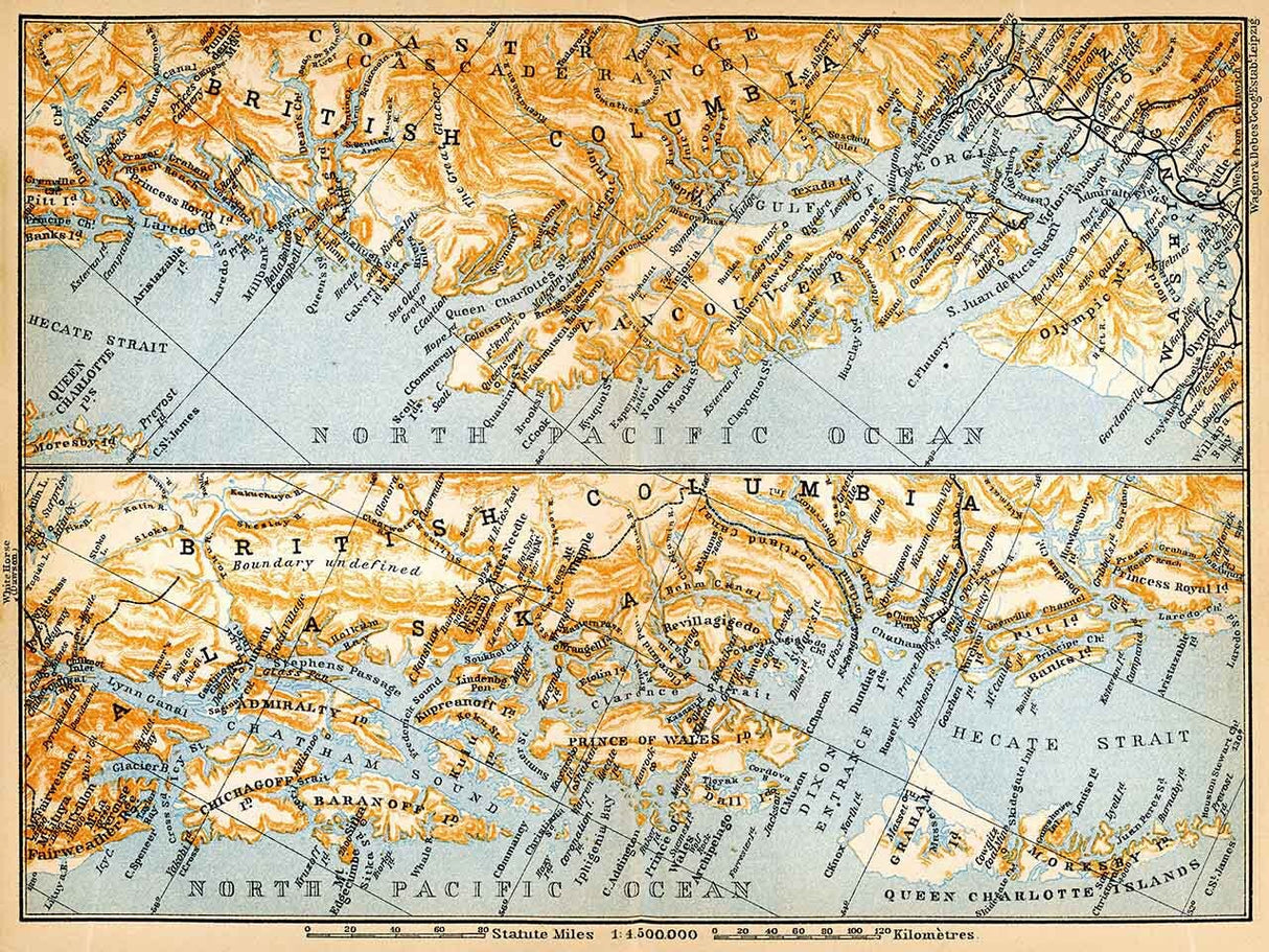 1907 Map of North Atlantic Ocean Canada Coast Vancouver Prince of Wales