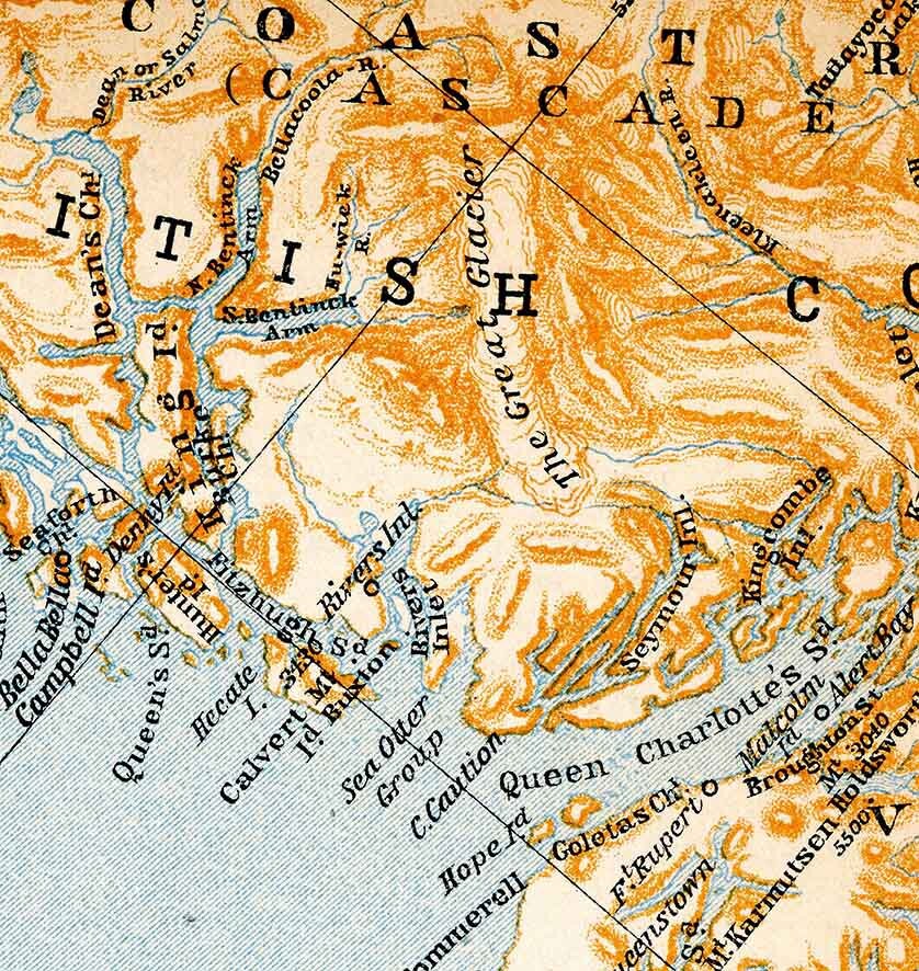 1907 Map of North Atlantic Ocean Canada Coast Vancouver Prince of Wales