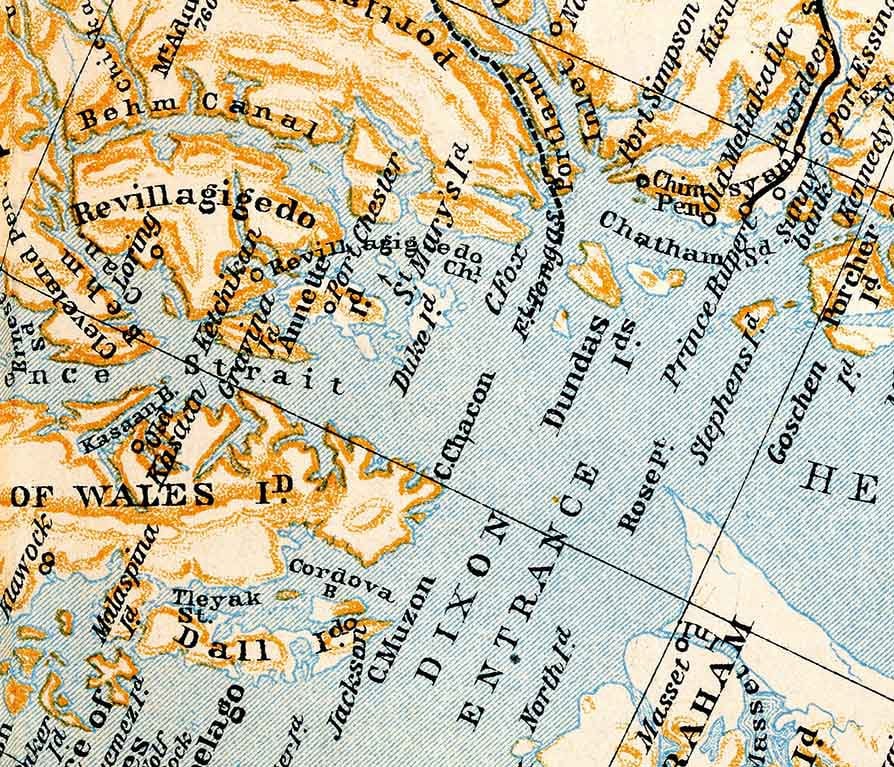 1907 Map of North Atlantic Ocean Canada Coast Vancouver Prince of Wales