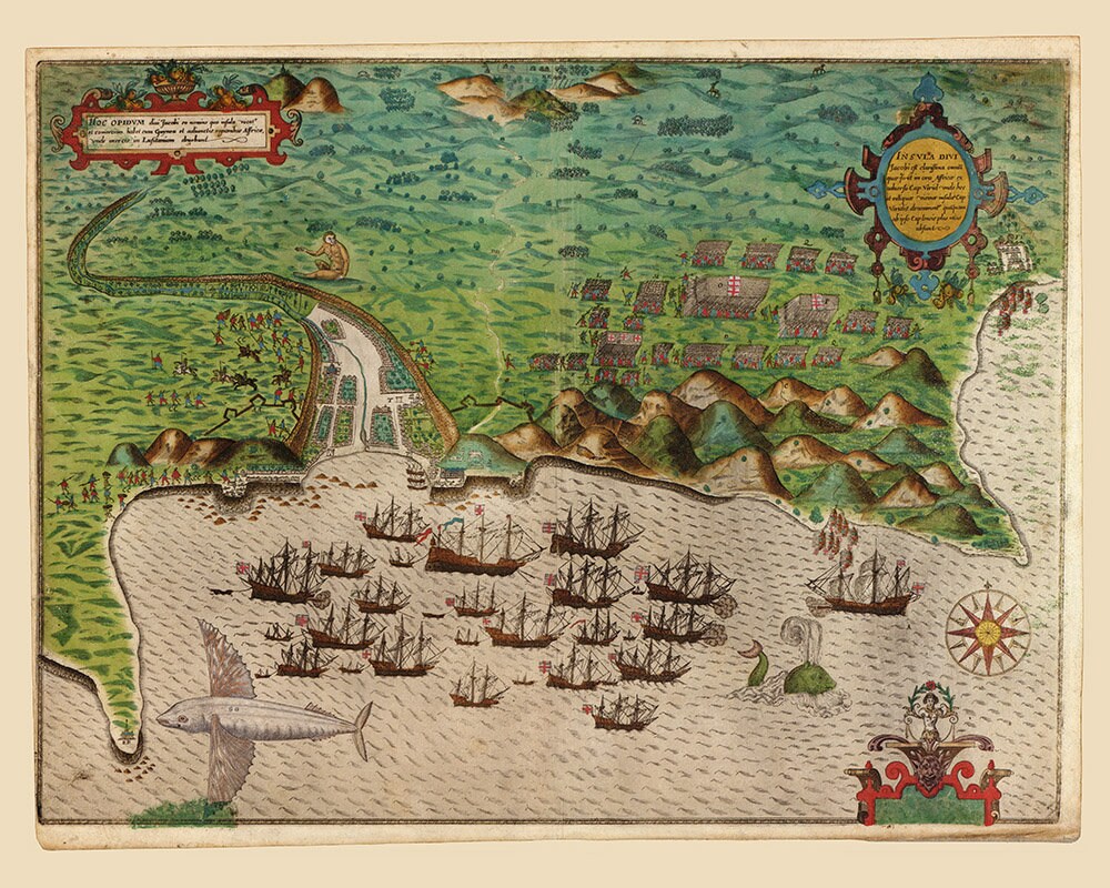 1586 Map of Drakes Invasion of Santiago Cape Verde Islands