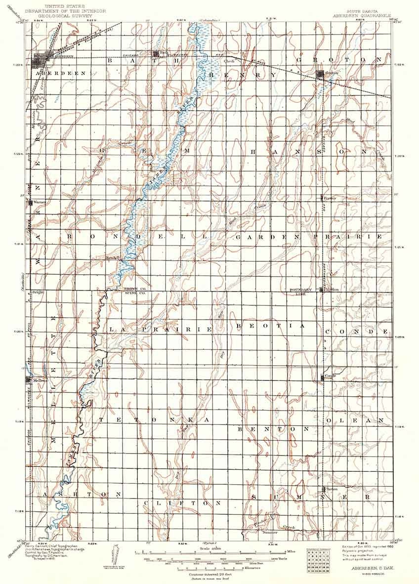 1895 Topo Map of Aberdeen South Dakota