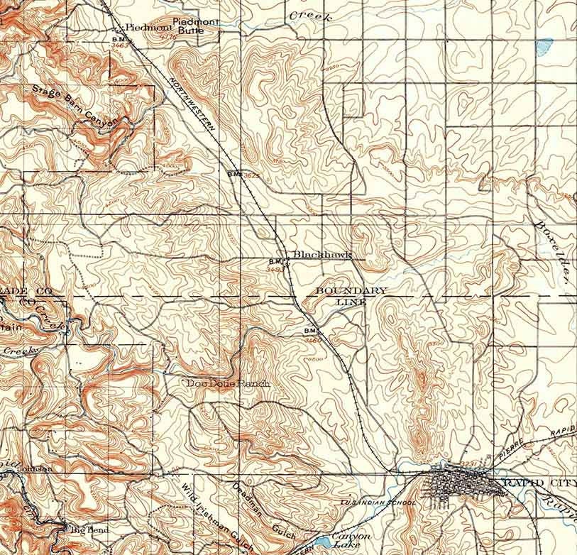 1903 Topo Map of Rapid South Dakota