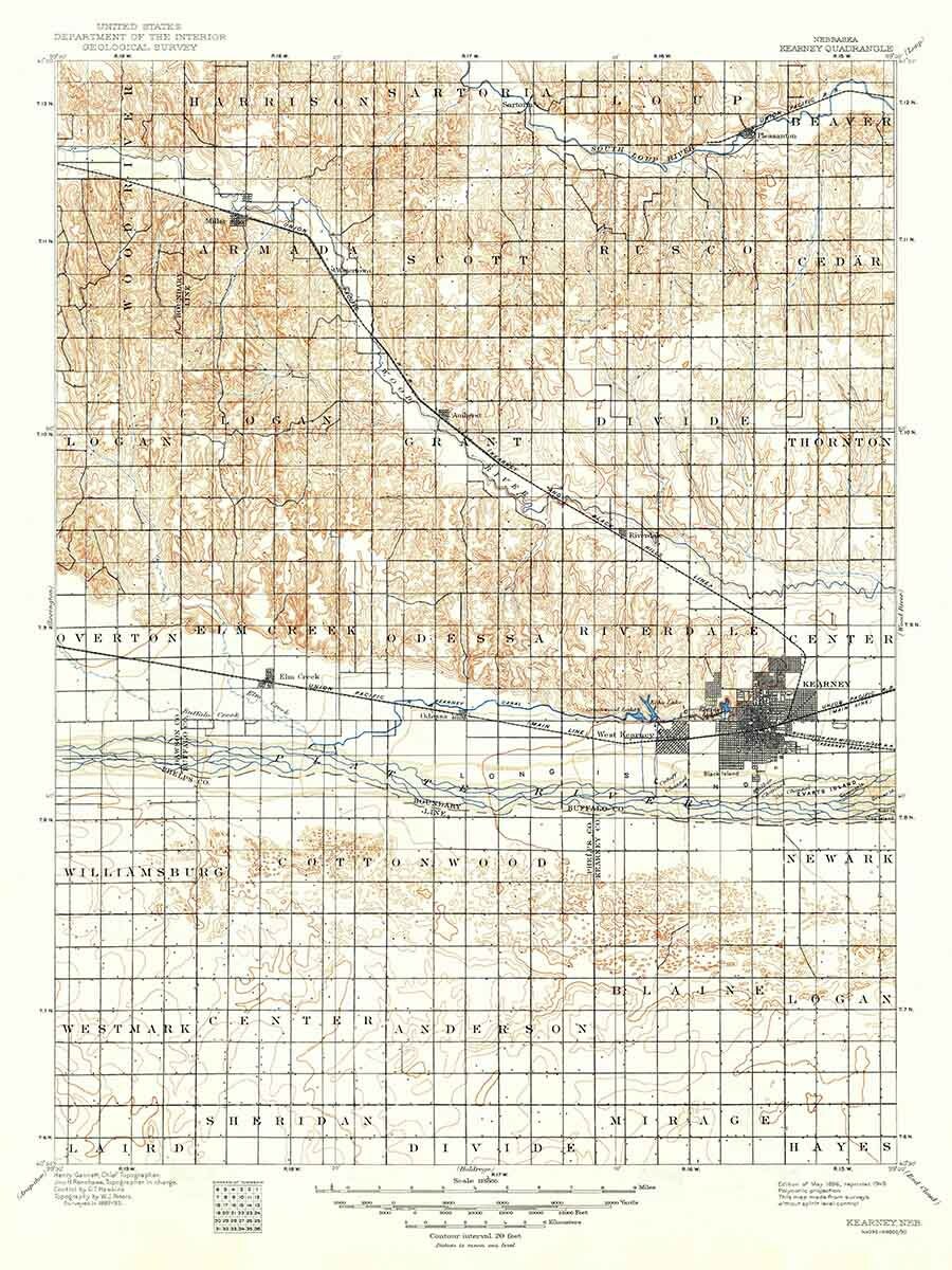 1896 Topo Map of Kearney Nebraska Elm Creek