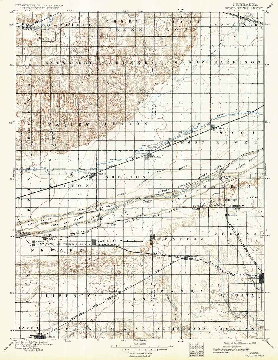 1896 Topo Map of Wood River Nebraska