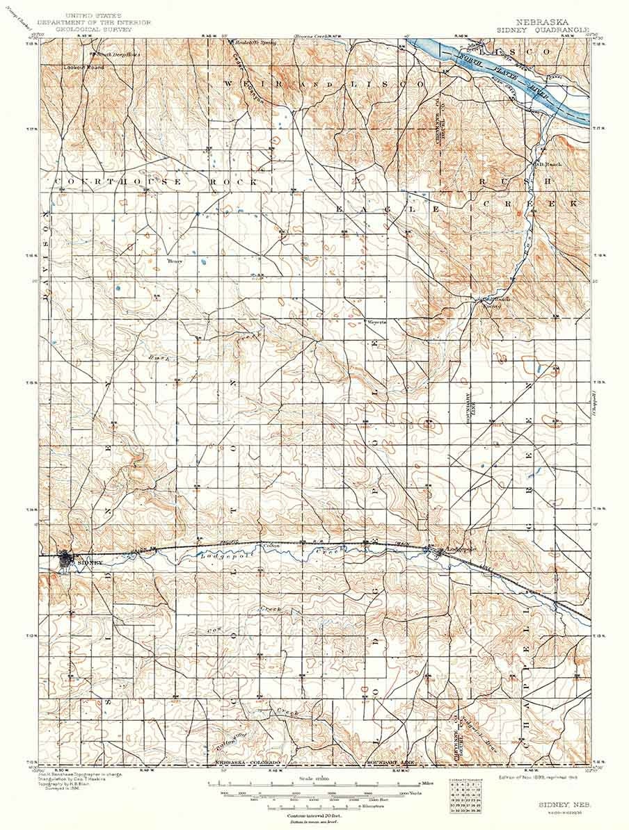 1899 Topo Map of Sidney Nebraska Courthouse Rock