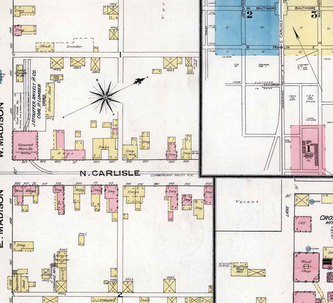 1885 Town Map of Greencastle Franklin County Pennsylvania