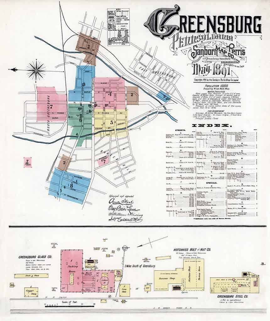 1891 Town Map of Greensburg Westmoreland County Pennsylvania