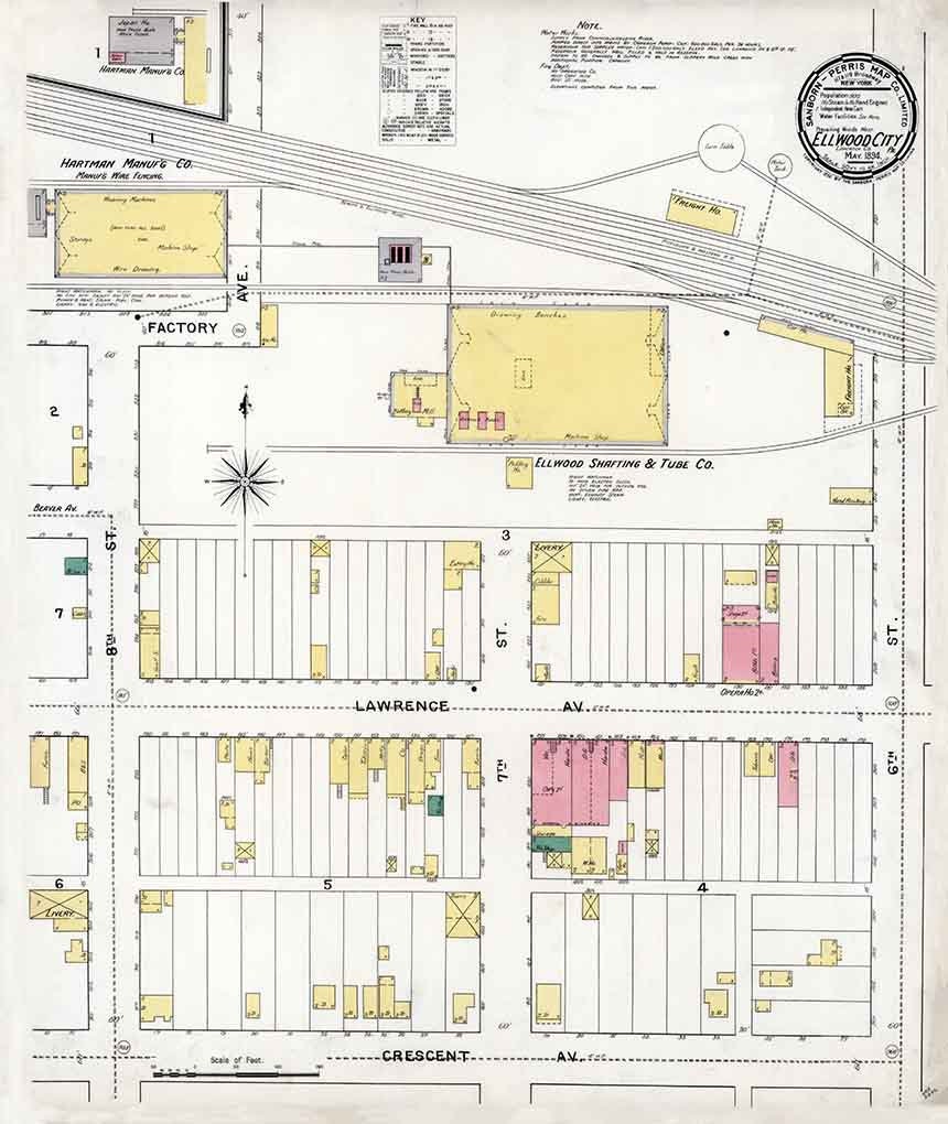 1894 Town Map of Ellwood City Lawrence County Pennsylvania