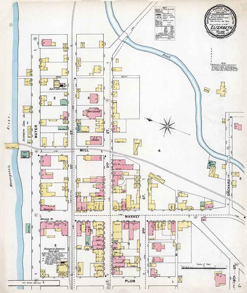 1895 Town Map of Elizabeth Allegheny County Pennsylvania