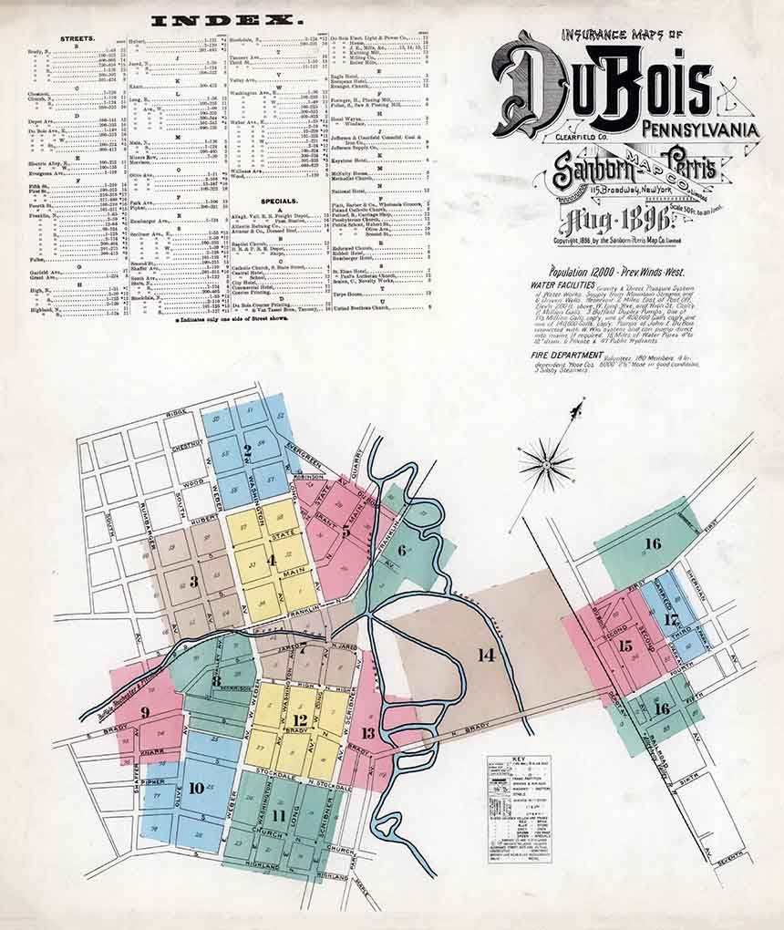 1896 Town Map of Du Bois Clearfield County Pennsylvania