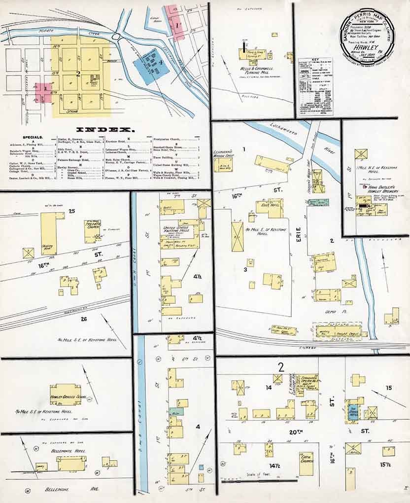 1897 Town Map of Hawley Wayne County Pennsylvania