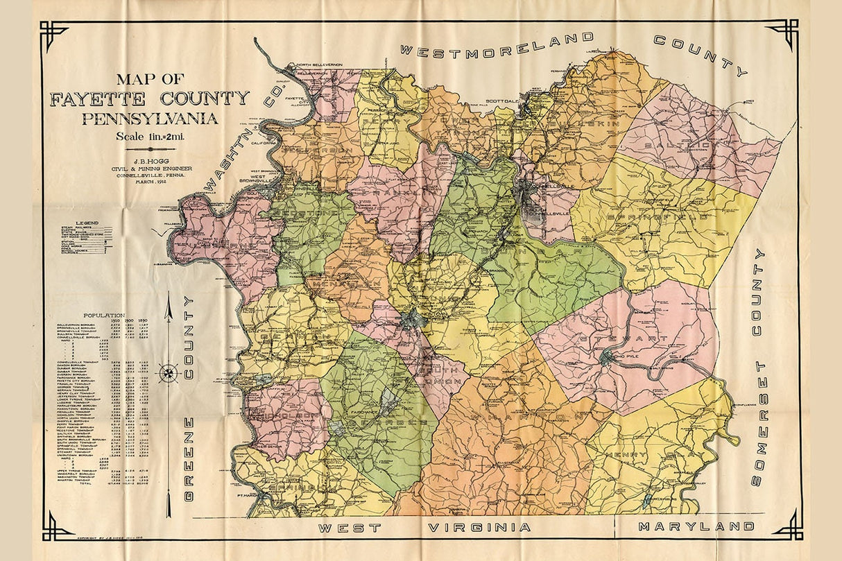 1912 Map of Fayette County Pennsylvania Coal Mines Coke Ovens