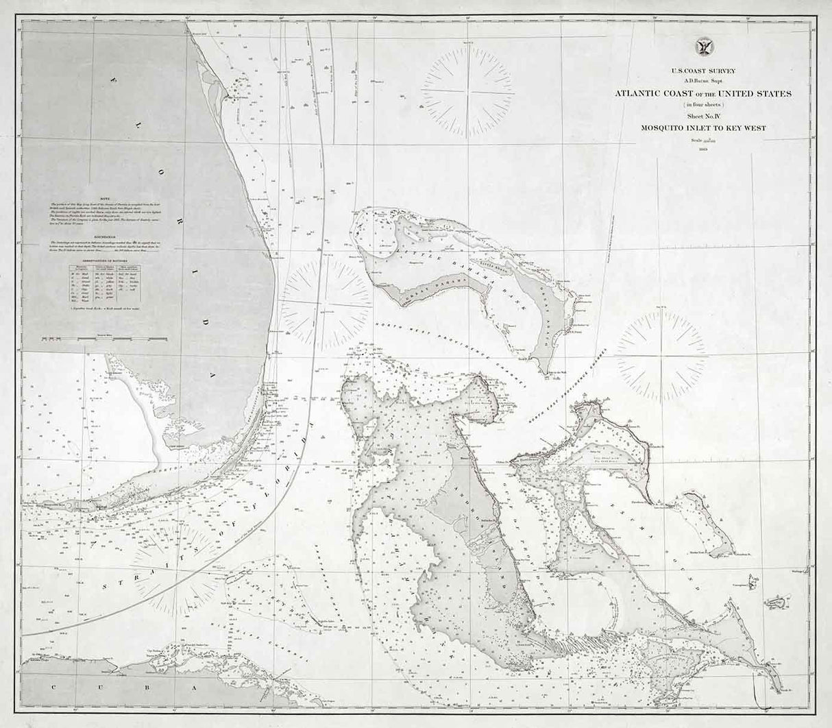 1863 Nautical Map of Mosquito Inlet to Key West Florida