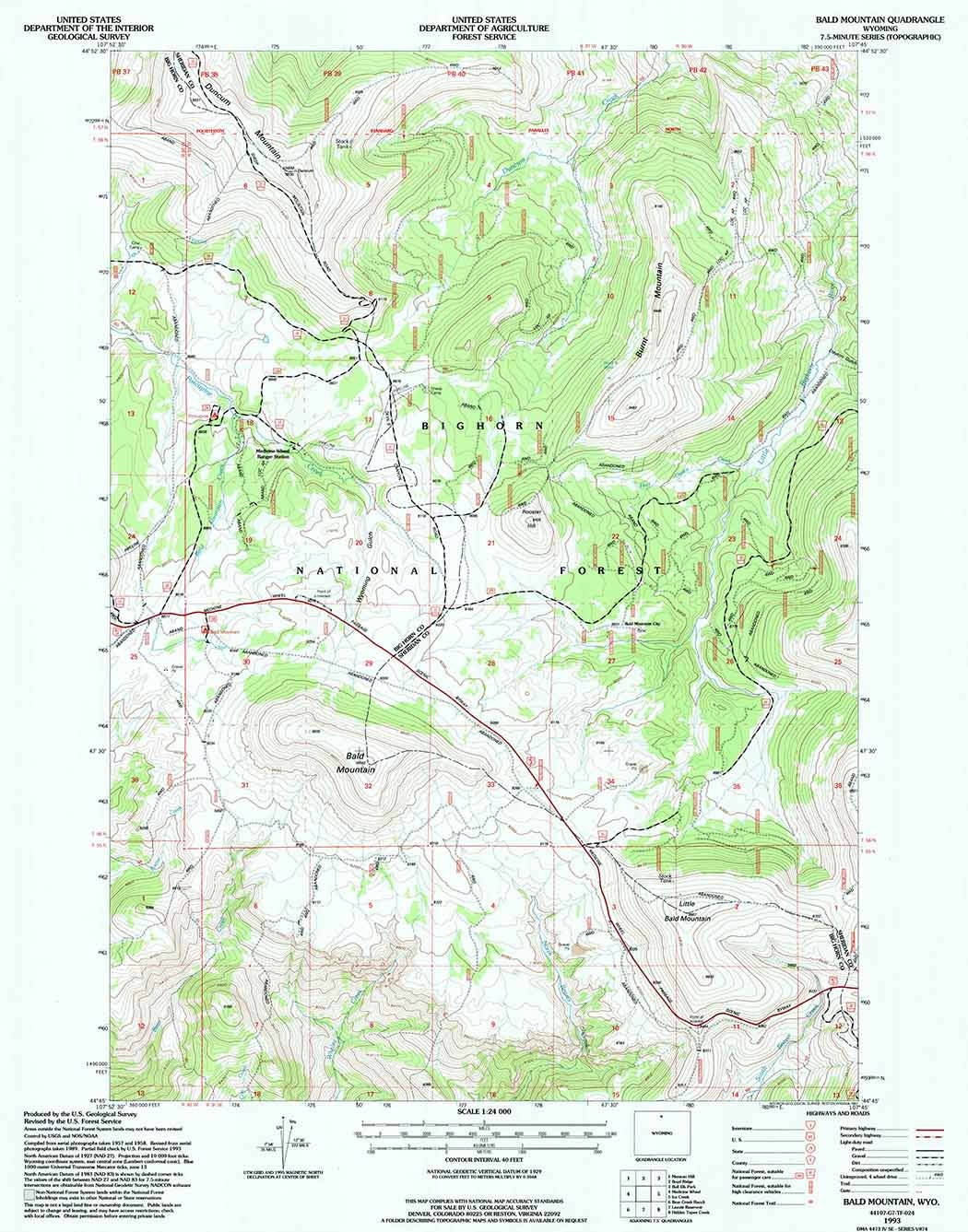 1993 Topo Map of Bald Mountain Wyoming WY Bighorn Forest