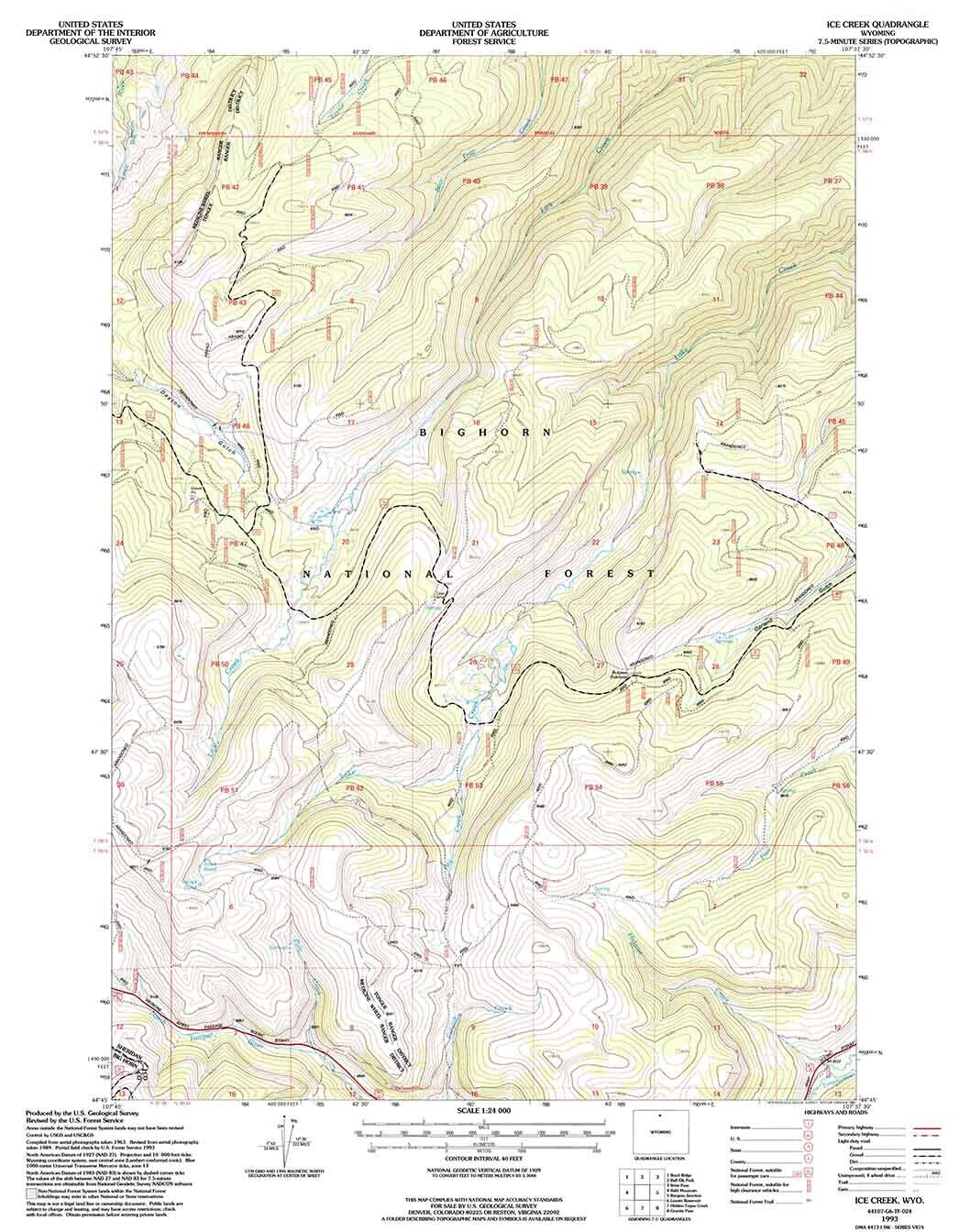 1993 Topo Map of Ice Creek Wyoming WY Bighorn Forest