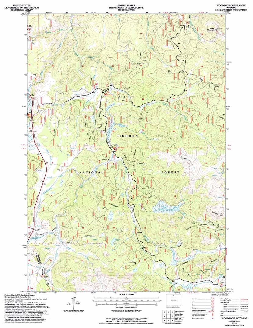1993 Topo Map of Woodrock Wyoming WY Bighorn Forest