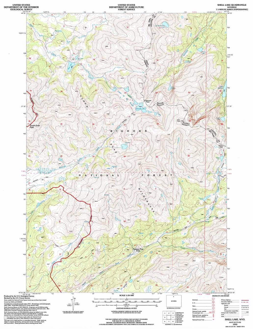 1993 Topo Map of Shell Lake Wyoming WY Bighorn Forest