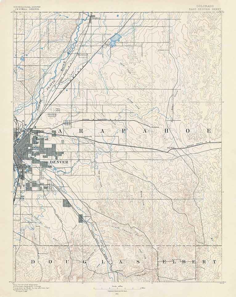 1890 Topo Map of East Denver Colorado Arapahoe