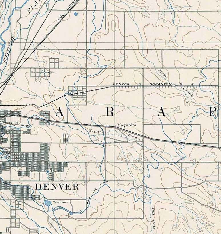 1890 Topo Map of East Denver Colorado Arapahoe