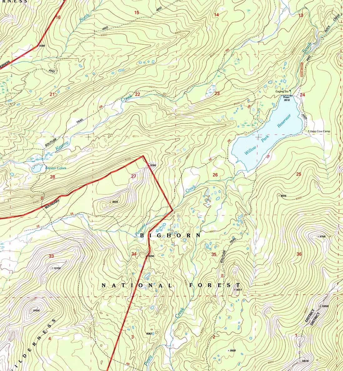 1993 Topo Map of Willow Park Reservoir Wyoming WY Bighorn Forest